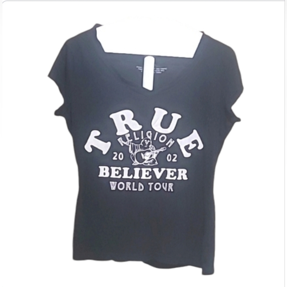 Black with white lettering true religion tshirt
